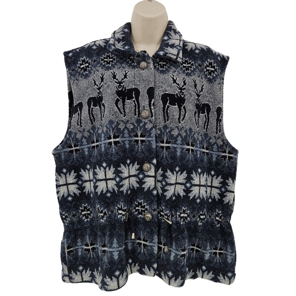 VTG County Clothing Co Vest Women L Blue Snowflake‎ Reindeer Canada Holiday Cozy